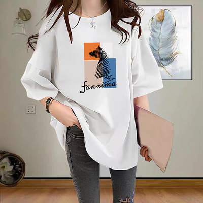 磨毛短袖t恤女中长款搭配鲨鱼裤