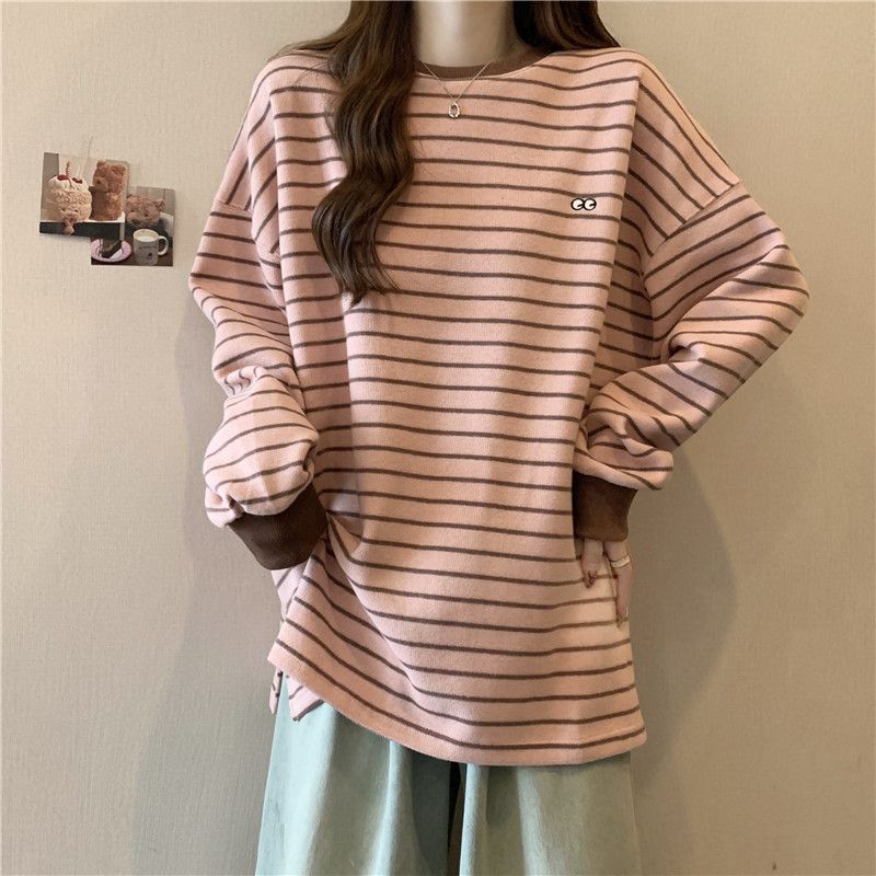 中长款条纹长袖T恤女秋冬加绒款