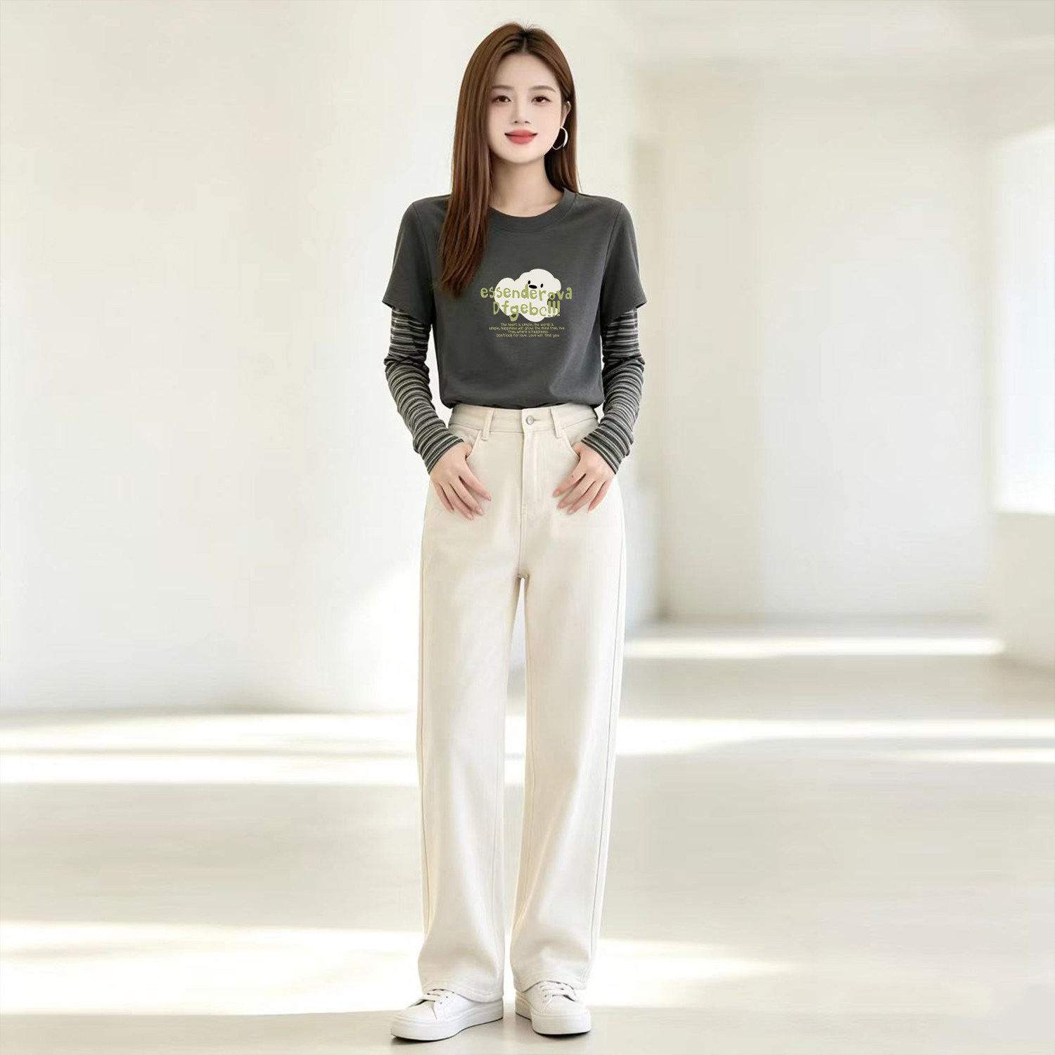 爆款德绒磨毛拼色长袖t恤女时尚百搭假两件上衣加厚打底衫秋冬季