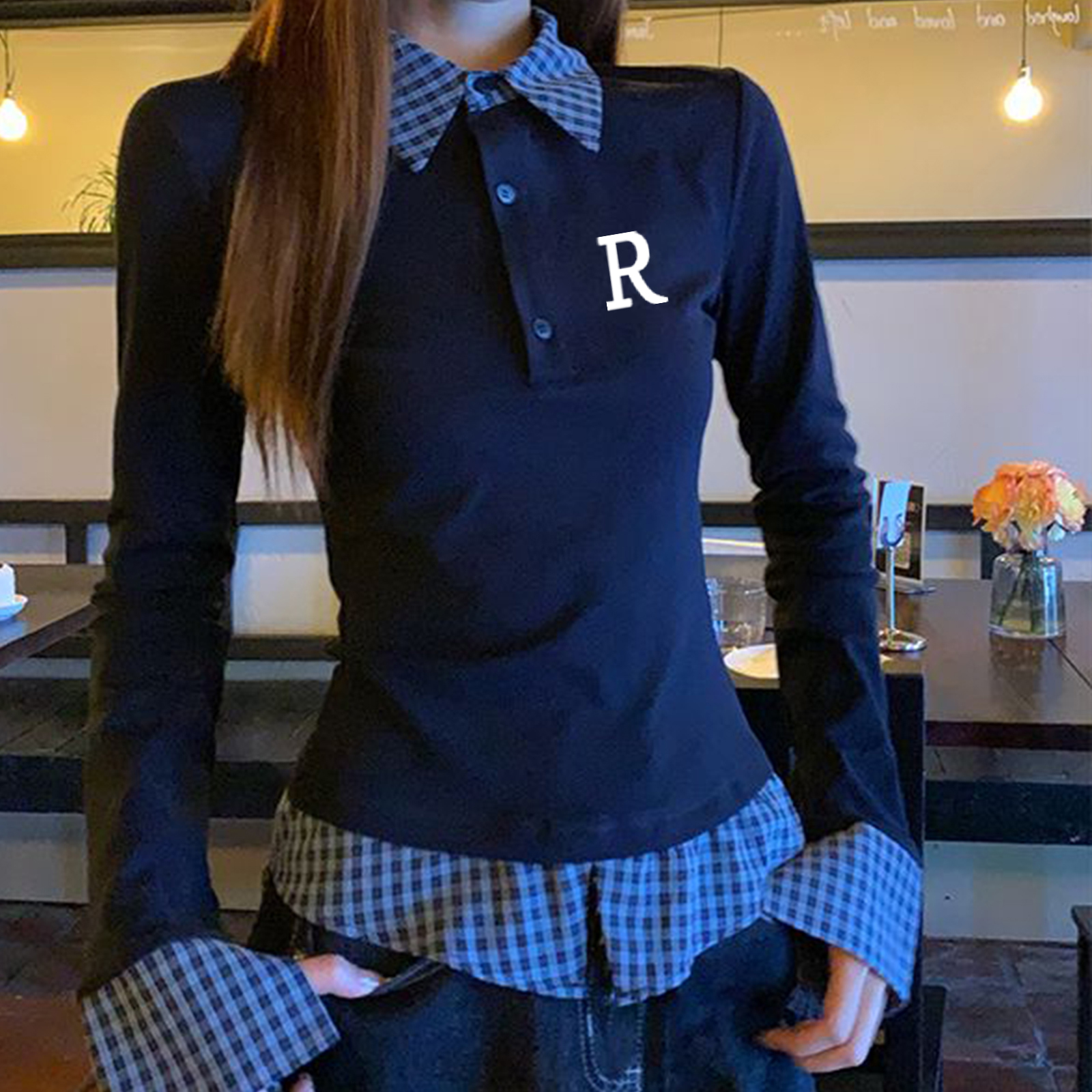 假两件POLO领长袖t恤女秋季爆款