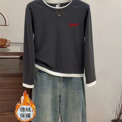 设计感假两件长袖t恤德绒打底衫