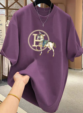 2025新款加厚磨毛短袖树莓粉色t恤女中长款多巴胺上衣春夏秋季潮