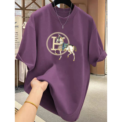 磨毛短袖树莓粉色t恤女中长款潮