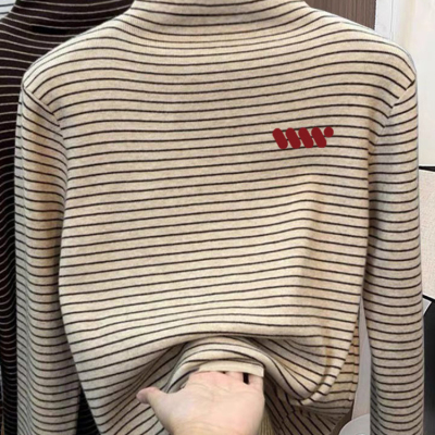 加厚款半高领双面德绒条纹长袖女