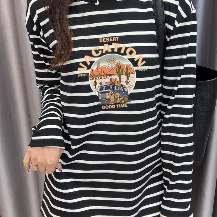 新纯棉圆领条纹长袖t恤女中长款