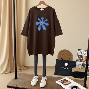 2025新款磨毛短袖t恤女中长款搭配鲨鱼裤上衣加厚款打底衫秋冬季
