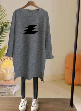 加厚保暖磨毛长袖T恤女宽松中长款休闲纯棉灰色上衣打底衫秋冬季