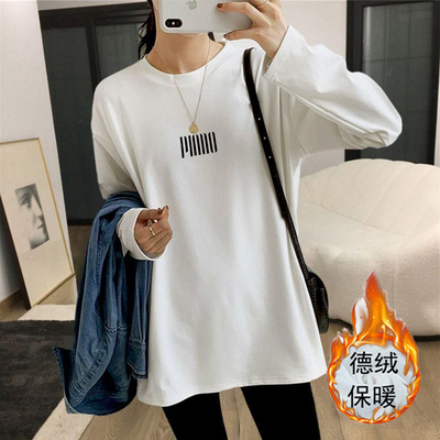 白色加厚款德绒磨毛圆领长袖t恤