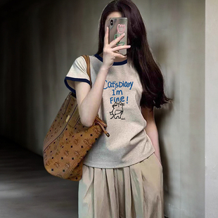 t恤女2025年火爆时尚 韩范优质棉拼接正肩拼色短袖 百搭休闲上衣潮