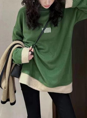 绿色中长款加绒长袖t恤女韩版宽松休闲显瘦加厚款打底衫上衣冬季