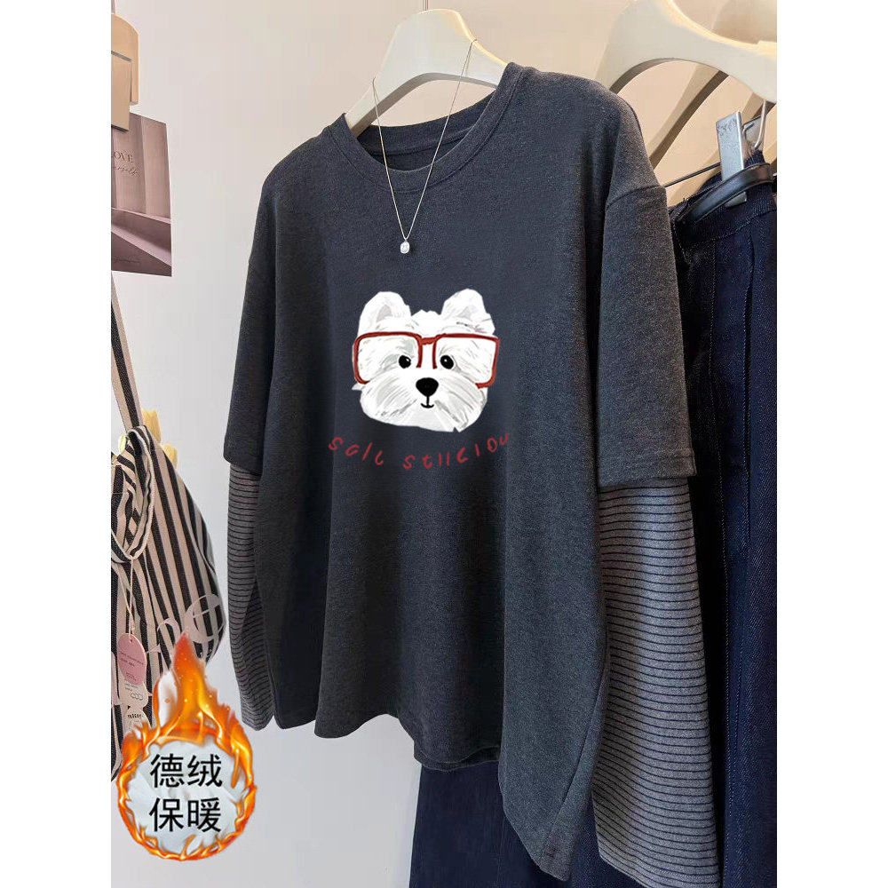 假两件拼接条纹德绒长袖t恤女装韩版别致百搭减龄深灰色上衣秋冬,女装/女士精品,T恤,淘宝优惠券,粉丝福利购,淘宝优惠卷