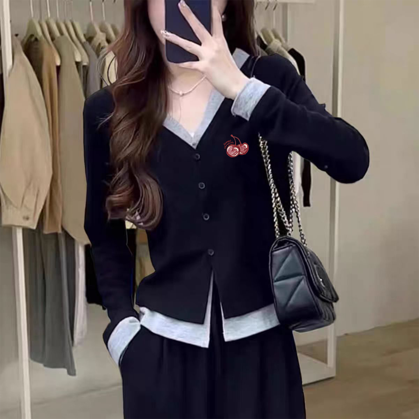 假两件v领长袖秋季爆款修身短款