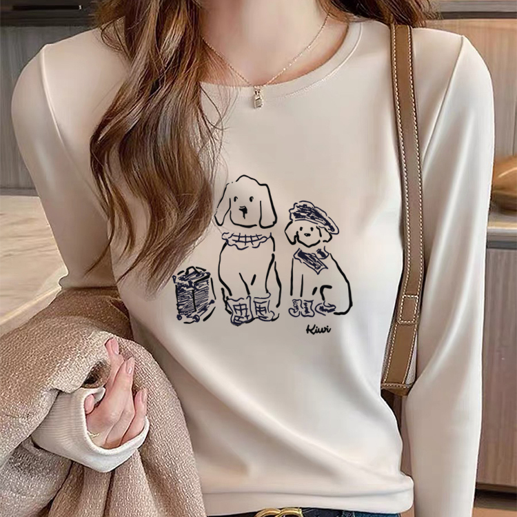 卡通印花长袖T恤女杏色通勤德绒