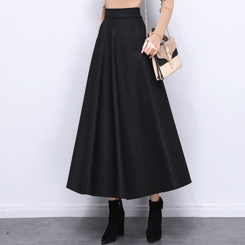 半身裙秋冬显瘦a字半身长裙大摆冬裙黑色毛呢加厚冬季裙子半裙女
