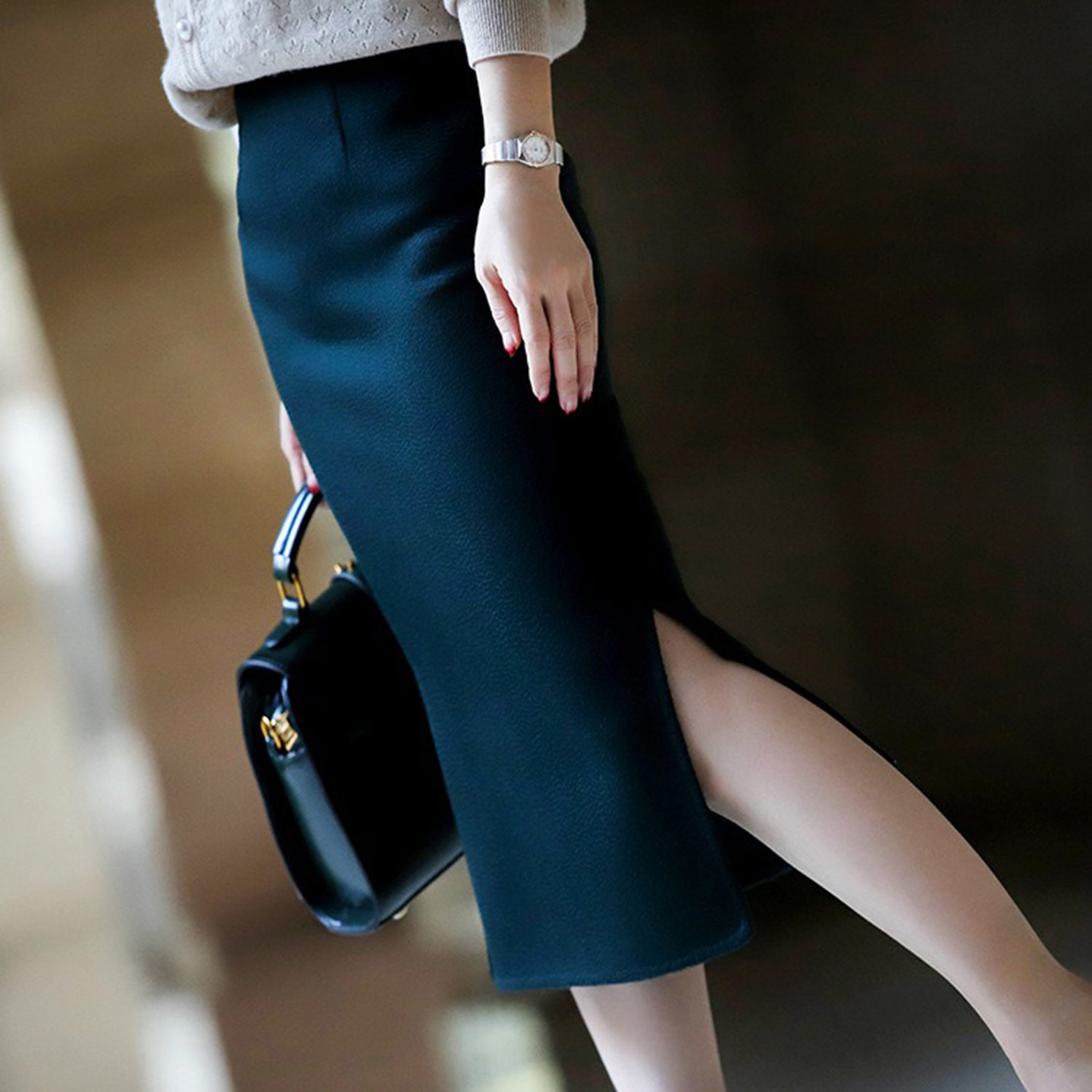 轻熟简约风高腰半身裙女秋冬中长款显瘦开叉直筒裙通勤ol风气质