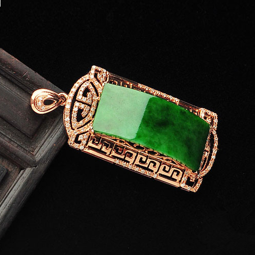 正品A货翡翠满绿18K玫瑰金镶玉吊坠花青吊坠女款玉方牌白金项链