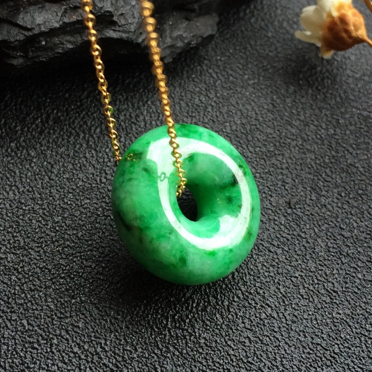 天然A货翡翠18K玫瑰金镶玉翡翠平安扣转运玉吊坠满绿翡翠百搭项链
