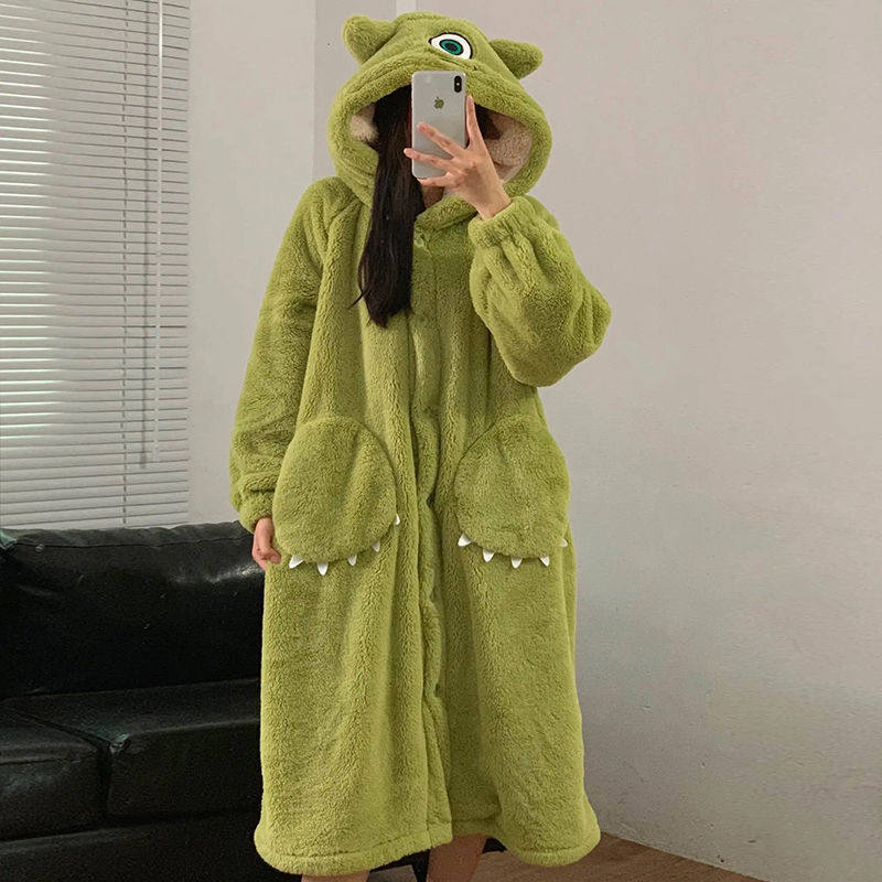 CORAL VELVET PAJAMAS WOMENS AUTUMN AND WINTER THICKENED WARM LONG DRESSING GOWNS INTERNET CELEBRITY CUTE CARTOON BATHROBE BIG EYES BOY SET