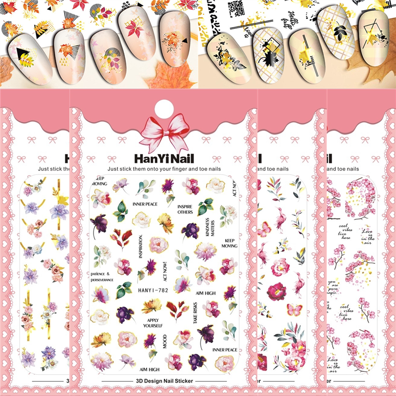 10张包邮烫金美甲贴纸指甲油胶贴日式秋天枝头花雏菊枫叶牡丹蝴蝶