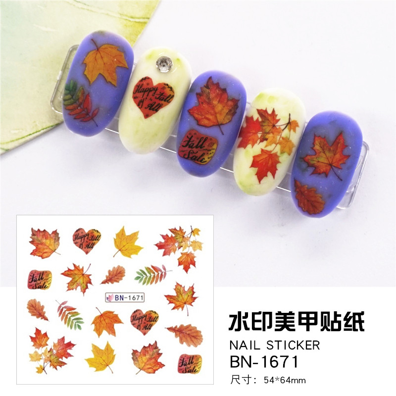 热卖水印指甲贴花美甲贴纸秋天枫树落叶蝴蝶蘑菇狐狸浣熊兔子雨伞