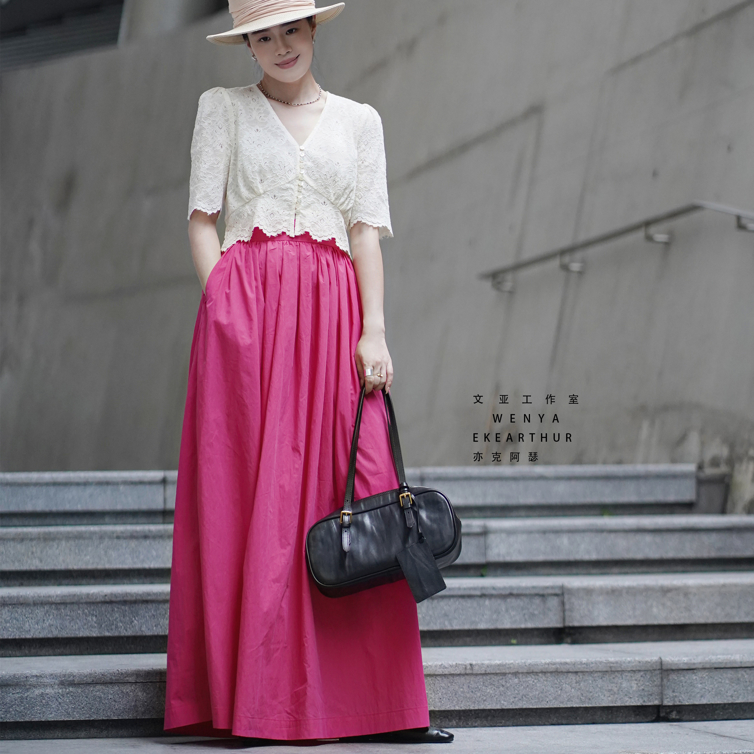 文亚锦棉玫红亮色高腰超长轻奢女裙半身裙百褶A字优雅气质长裙