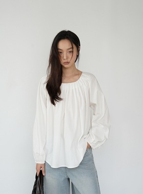 FN爱与南希2024春秋新款经典全棉压褶灯笼袖韩系气质小衫女21093