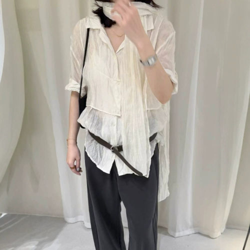 韩系肌理感假两件飘带短袖衬衫女