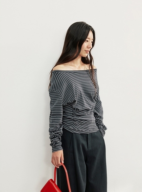 FN爱与南希2025秋季时尚韩系圆领不规则碎褶修身打底长袖T恤02663