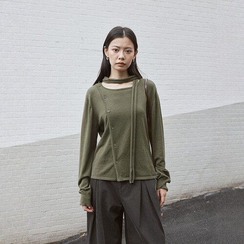 秋时尚侧扣飘带收腰显瘦羊毛毛衣