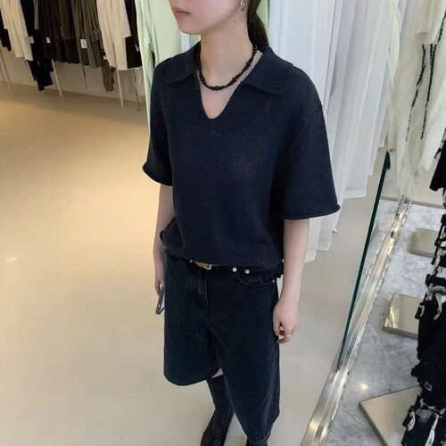韩系小翻领H廓形短袖针织polo衫