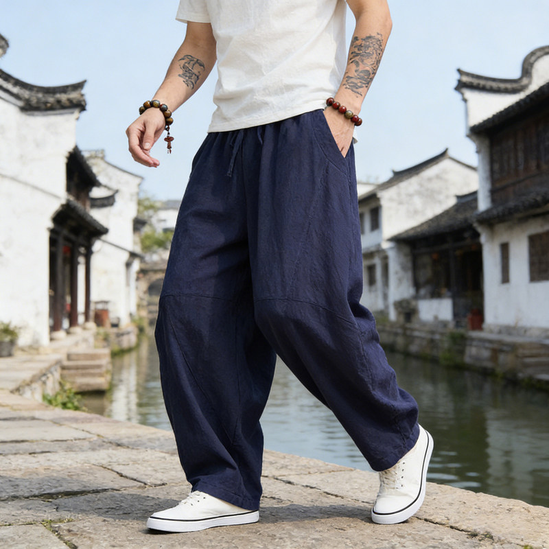 棉麻弯刀裤男春秋2026新款宽松大码束脚灯笼裤男纯色休闲长裤
