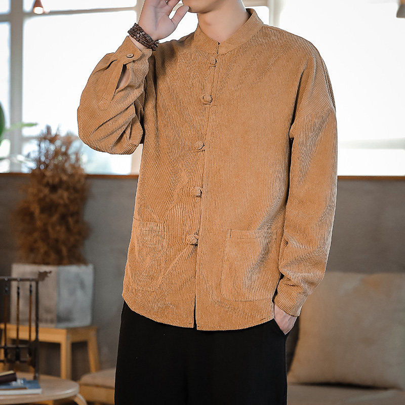 春季中国风男装复古灯芯绒外套青年大码盘扣衬衫唐装宽松汉服衬衣
