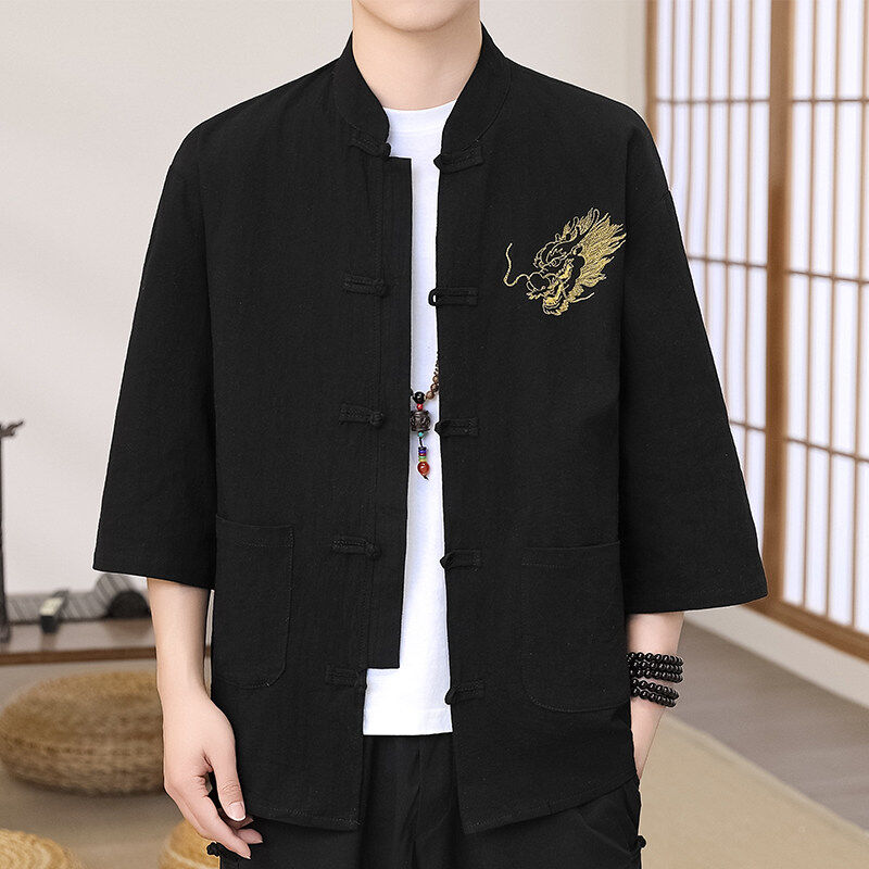 中国风男装亚麻七分袖衬衫男大码宽松上衣古风改良汉服唐装衬衣潮
