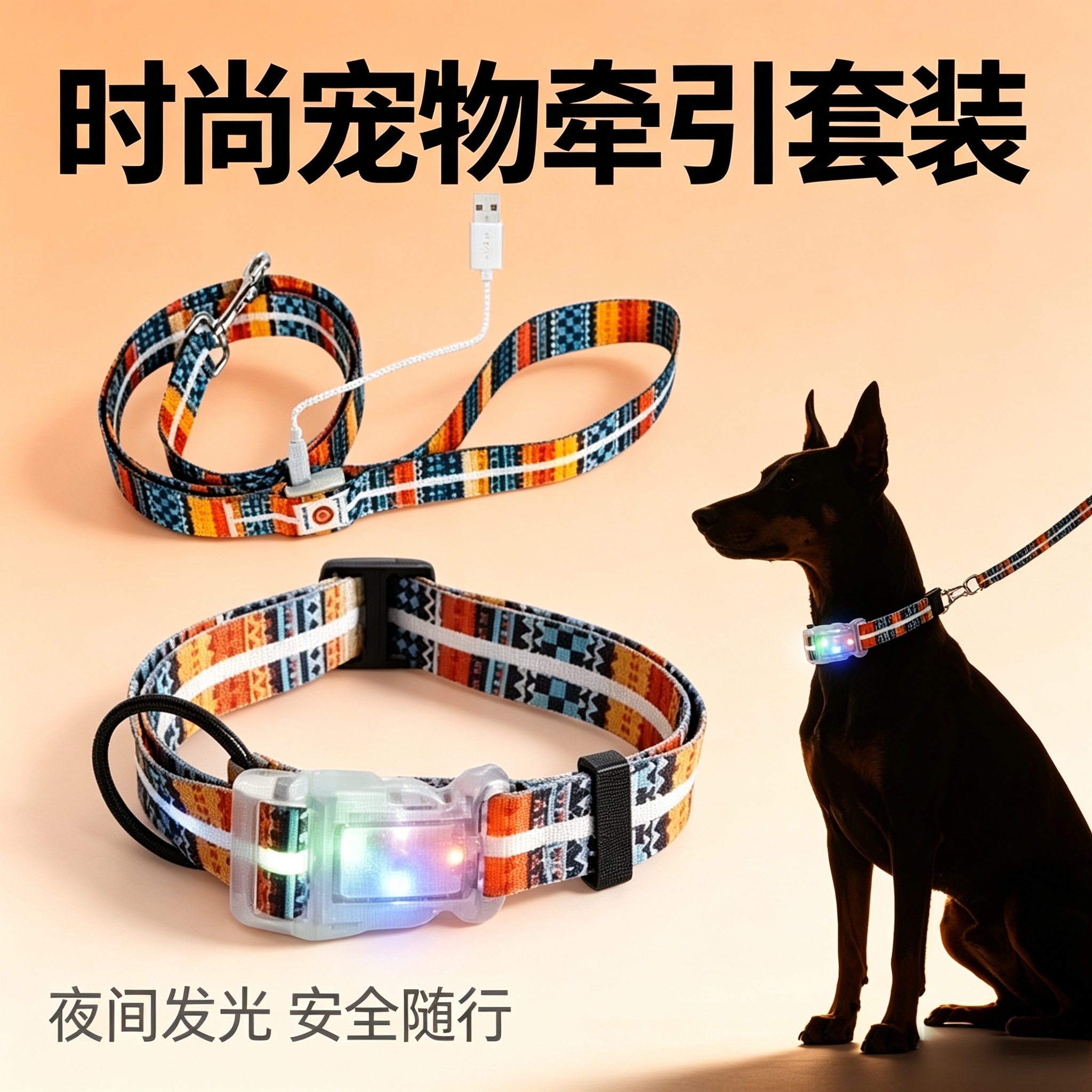 宠物项圈防跳蚤项圈防咬项圈 LED发光牵引绳和LED狗项圈晚上安全