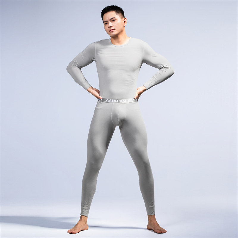 Asianbum薄款棉质秋衣秋裤内衣套装简约纯色圆领修身透气双层U囊