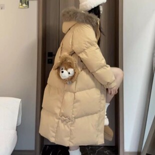 大毛领羽绒棉服女中长款冬季新款夹棉加厚过膝连帽小个子棉衣外套