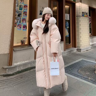 粉色大毛领连帽长款羽绒棉服女冬季新款夹棉袄加厚保暖小个子外套