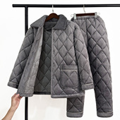 男士 加厚睡衣牛奶绒剪花棉袄三层保暖珊瑚绒中老年爸爸家居服秋冬