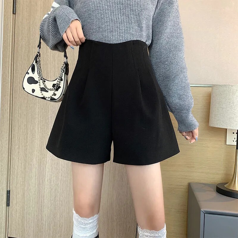 2022秋冬新款大码胖mm阔脚裤女高腰显瘦外穿毛呢短裤黑色休闲靴裤