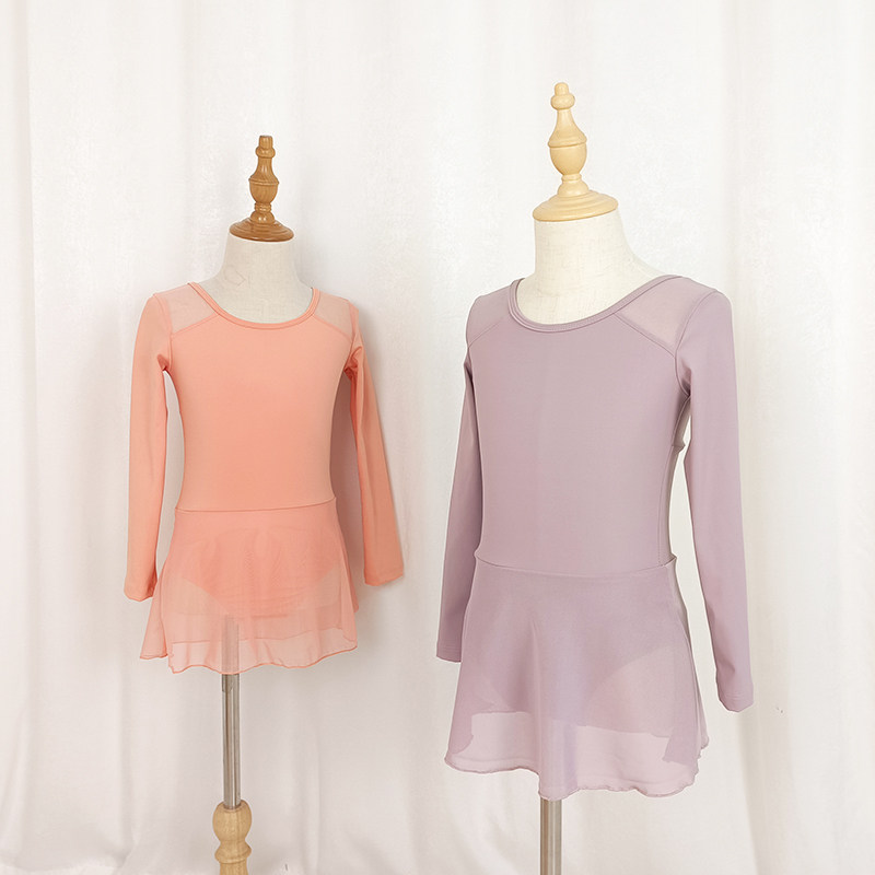 儿童舞蹈练功服连衣裙紫粉女童锦纶纱跳舞裙子中国民族舞网纱体服