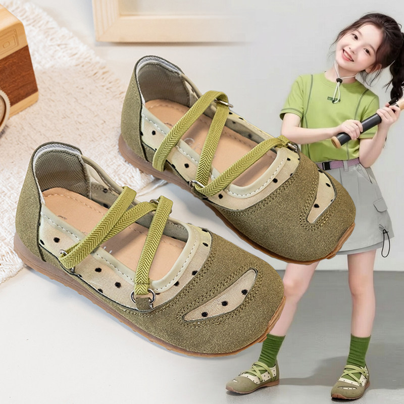 女童网纱波点芭蕾风交叉绑带玛丽珍鞋女平底圆头舒适百搭休闲单鞋