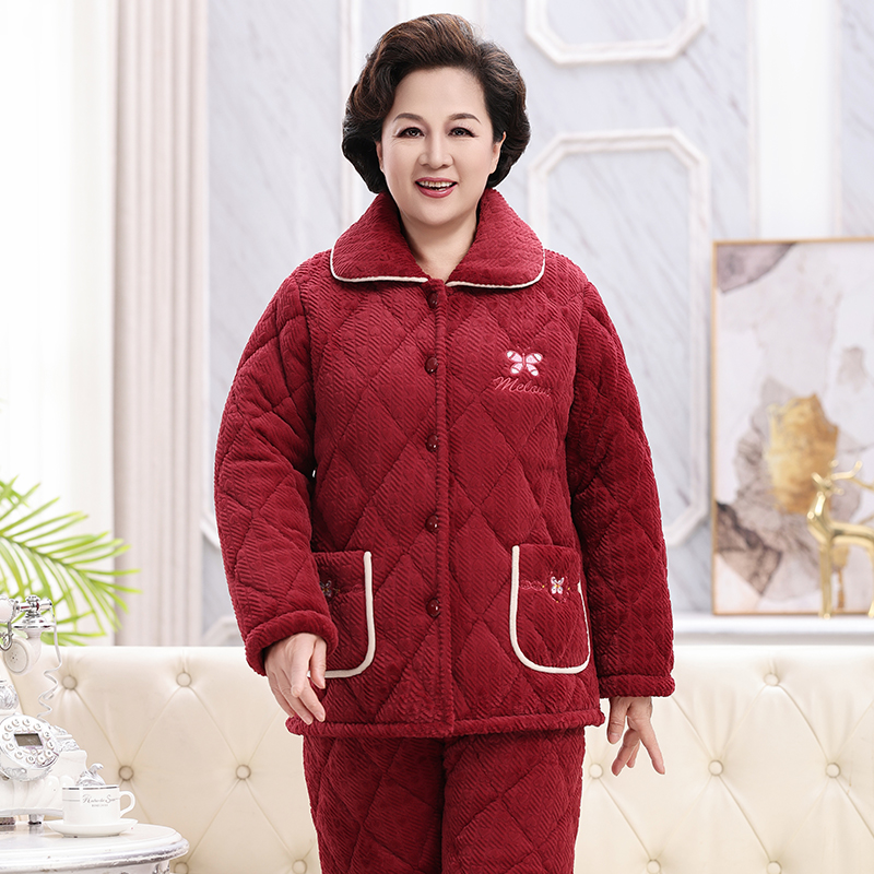 秋冬季中老年睡衣女妈妈三层夹棉妈妈家居服套装老人珊瑚绒加厚