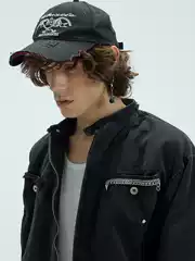 Whistlehunter(Wstht) Washed and Distressed Cap with Translucent Red Embroidery and Print, Long Brim Baseball Cap
