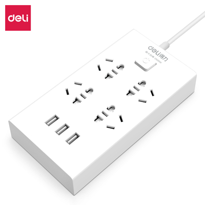 得力18282插线板接线板排插电插板拖线板过载保护4孔安全插座+3口USB排插2米线