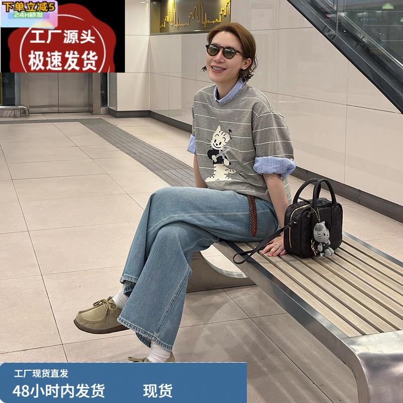 条纹短袖T恤女夏季新款日系卡通猫咪印花宽松显瘦休闲套头上衣潮