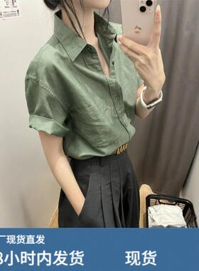 绿色棉麻正肩短袖衬衫女夏季薄款高级感超好看亚麻衬衫polo领上衣