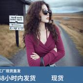 性感辣妹挂颈V领长袖 T恤女2025新款 打底衣女内搭高级感可外穿上衣