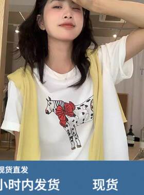 韩系白色趣味卡通斑马印花短袖T恤女夏季薄款宽松舒适高级感上衣