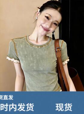 复古做旧绿色花边圆领短袖T恤女夏季设计感修身显瘦正肩短款上衣