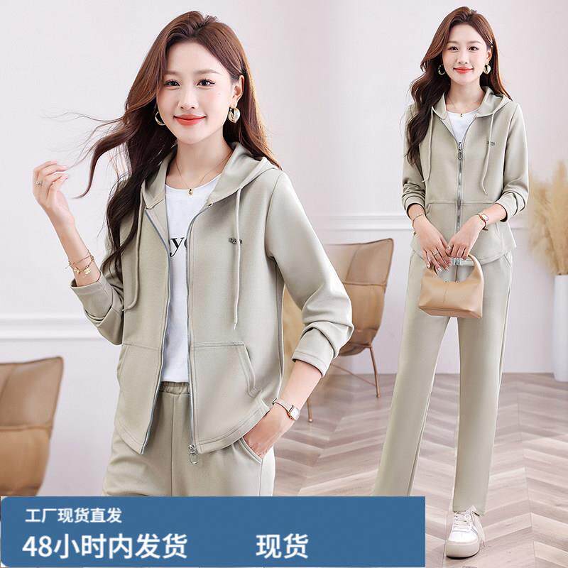春秋休闲运动服套装女士2025秋季新款时尚洋气妈妈连帽卫衣三件套